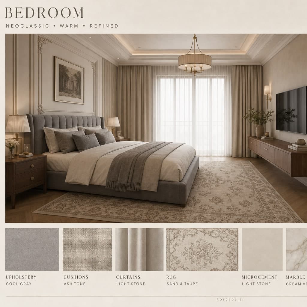 Neoclassic Warm Neutral Bedroom — Satin interior moodboard card