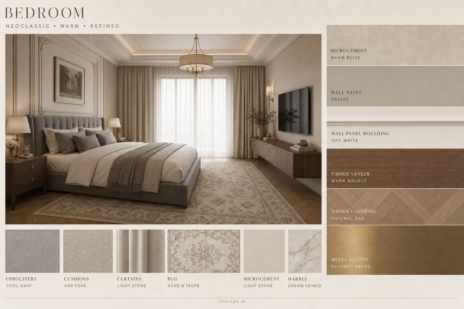 Neoclassic Warm Neutral Bedroom — Satin interior moodboard plate