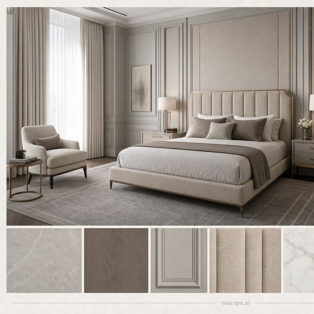 Neoclassic Cool Neutral Bedroom — Matte interior moodboard card