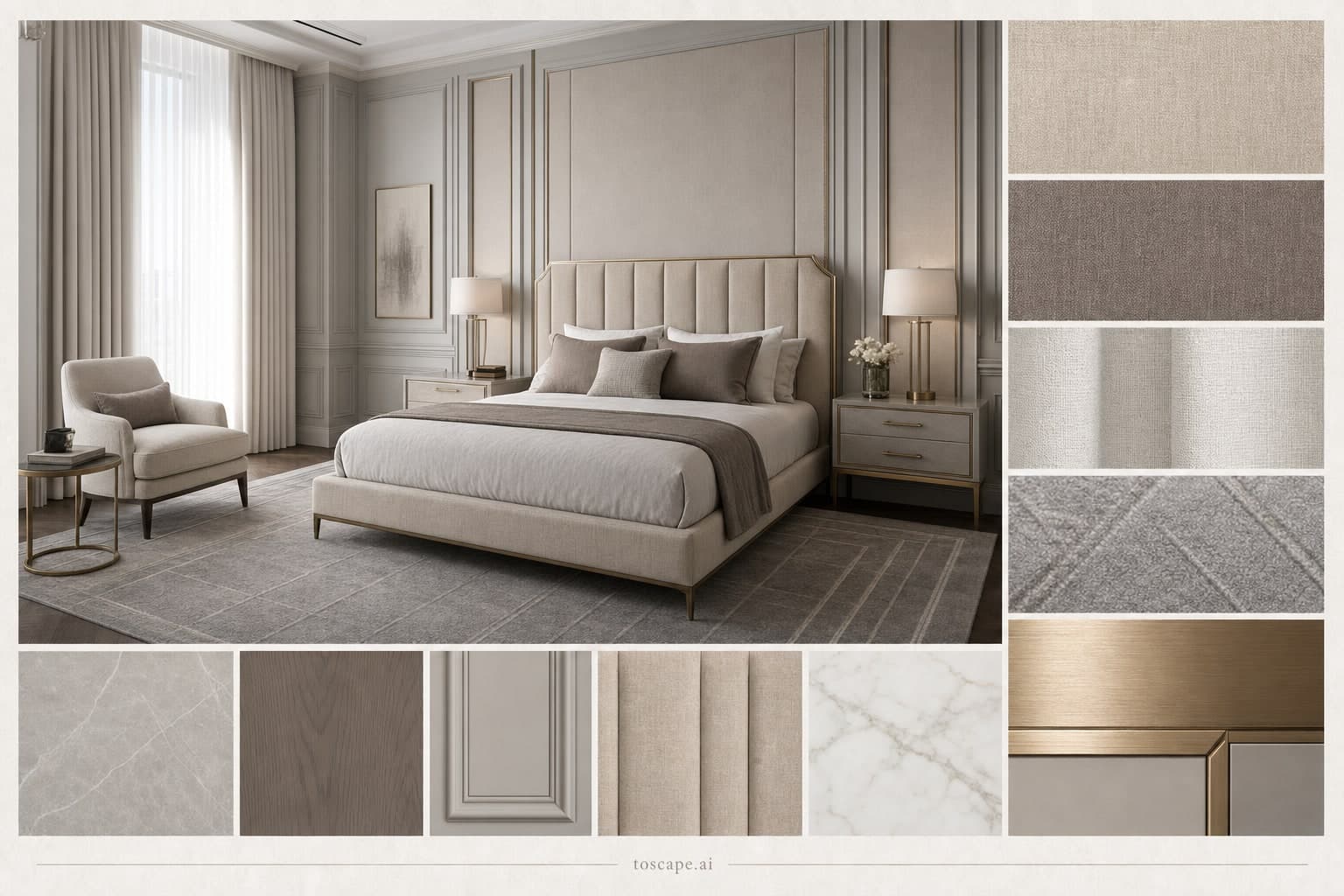 Neoclassic Cool Neutral Bedroom — Matte interior moodboard plate