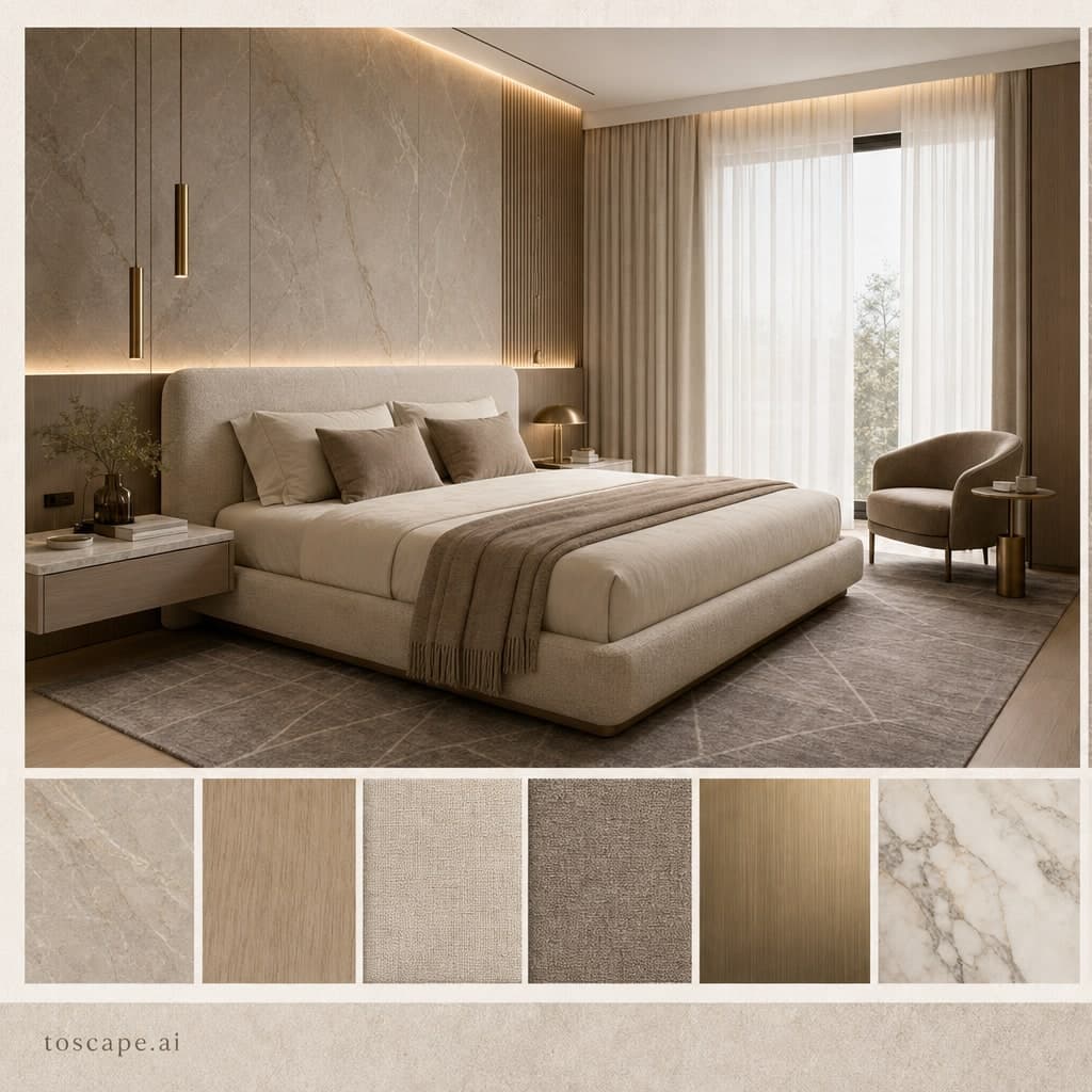 Modern Warm Neutral Bedroom — Satin interior moodboard card