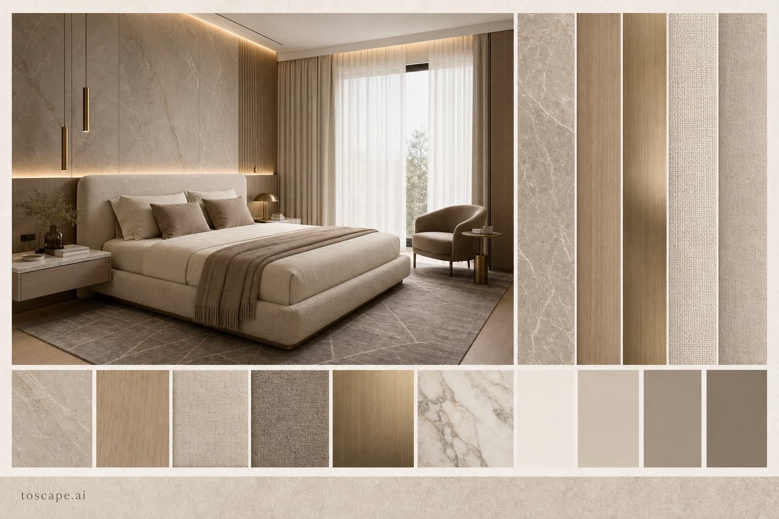 Modern Warm Neutral Bedroom — Satin interior moodboard plate