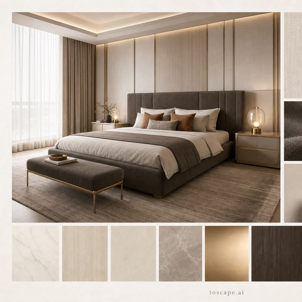 Modern Light Luxury Bedroom — Matte interior moodboard card