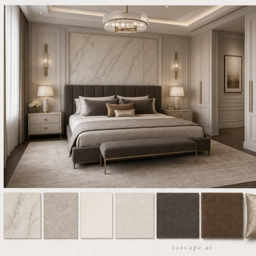 Neoclassic Light Luxury Bedroom — Brushed Metal interior moodboard card