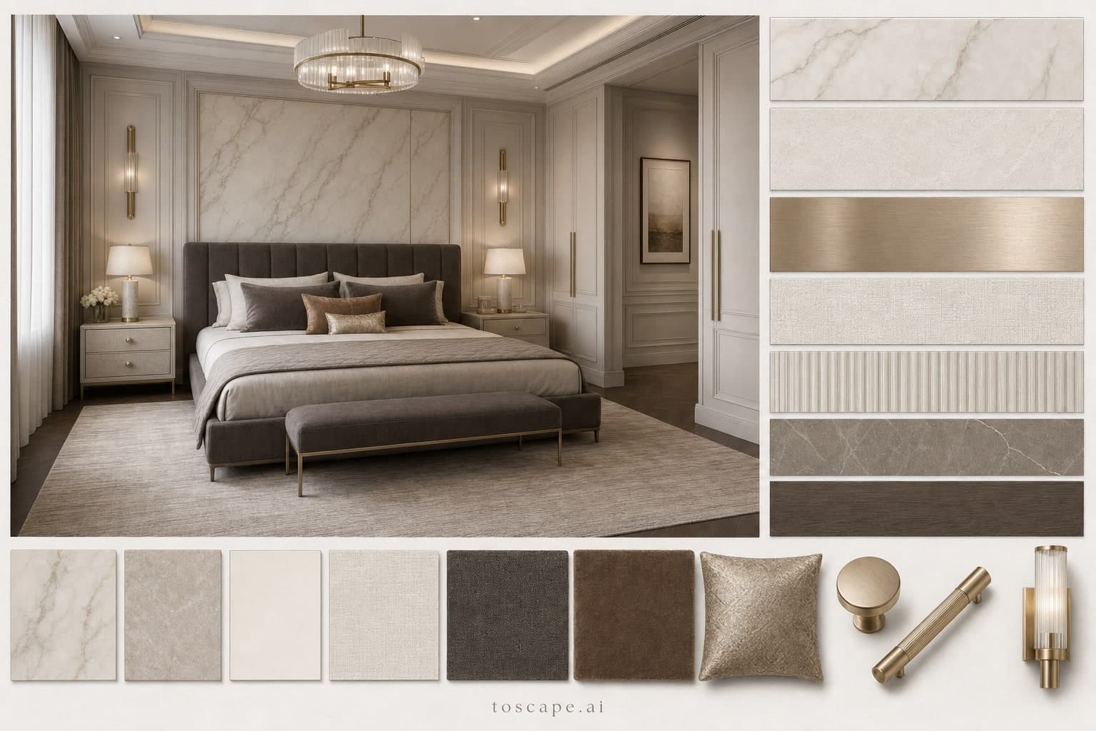 Neoclassic Light Luxury Bedroom — Brushed Metal interior moodboard plate