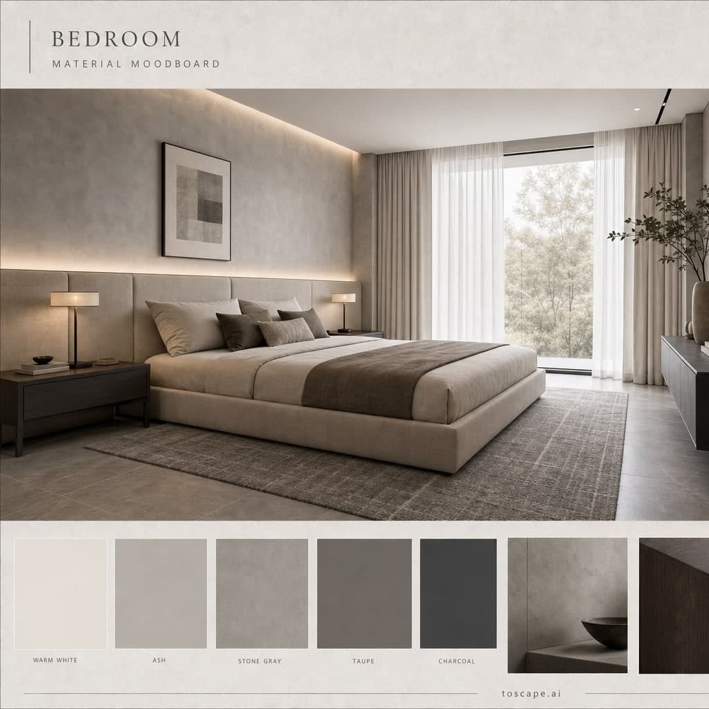 Modern Cool Neutral Bedroom — Satin interior moodboard card