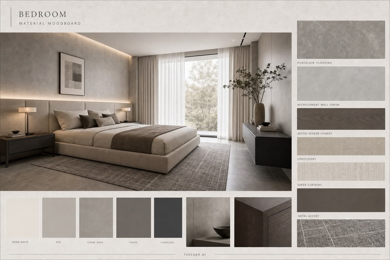 Modern Cool Neutral Bedroom — Satin interior moodboard plate