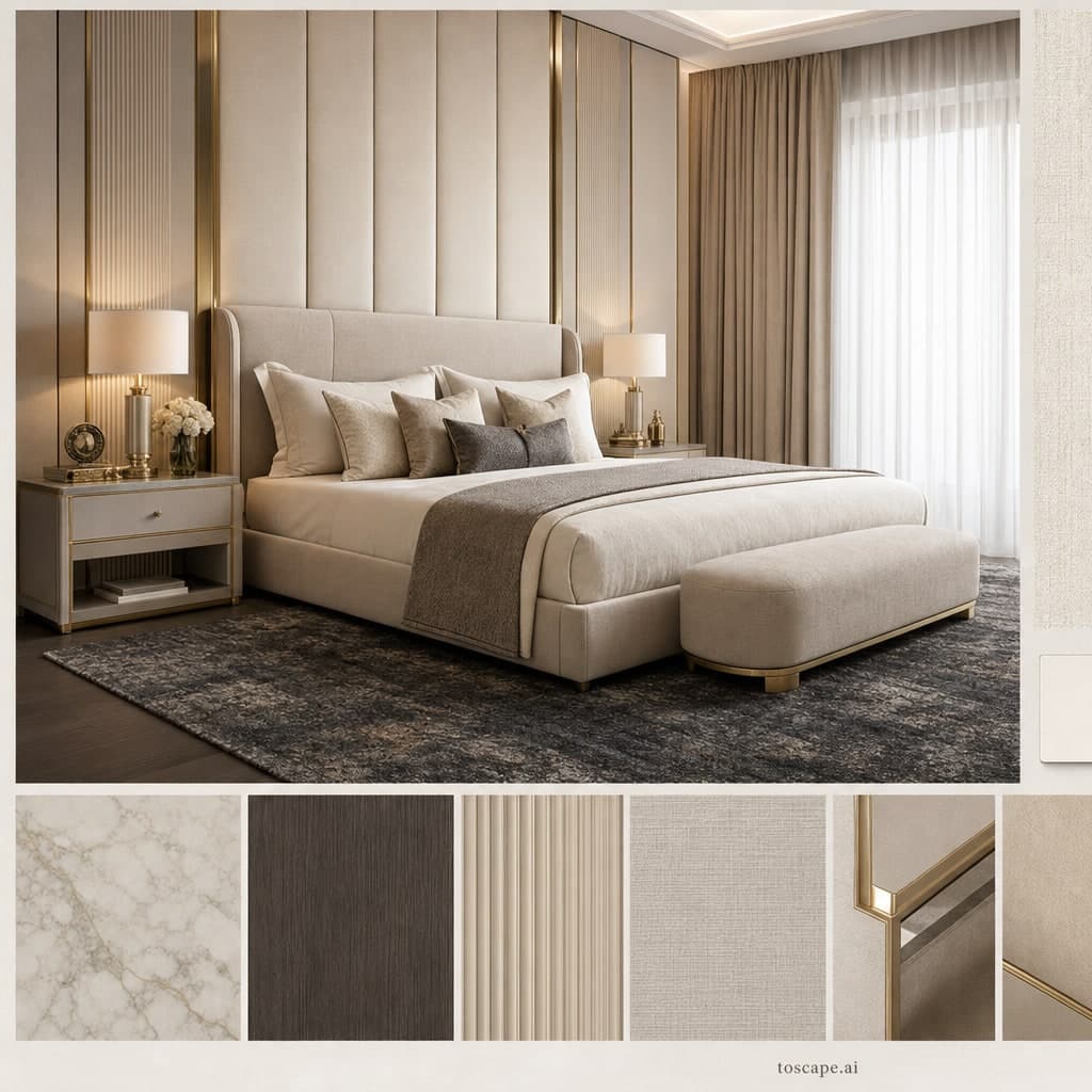 Modern Light Luxury Bedroom — Brushed Metal interior moodboard card