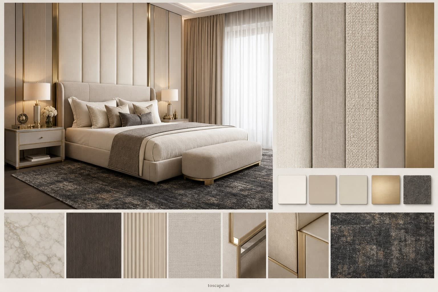 Modern Light Luxury Bedroom — Brushed Metal interior moodboard plate