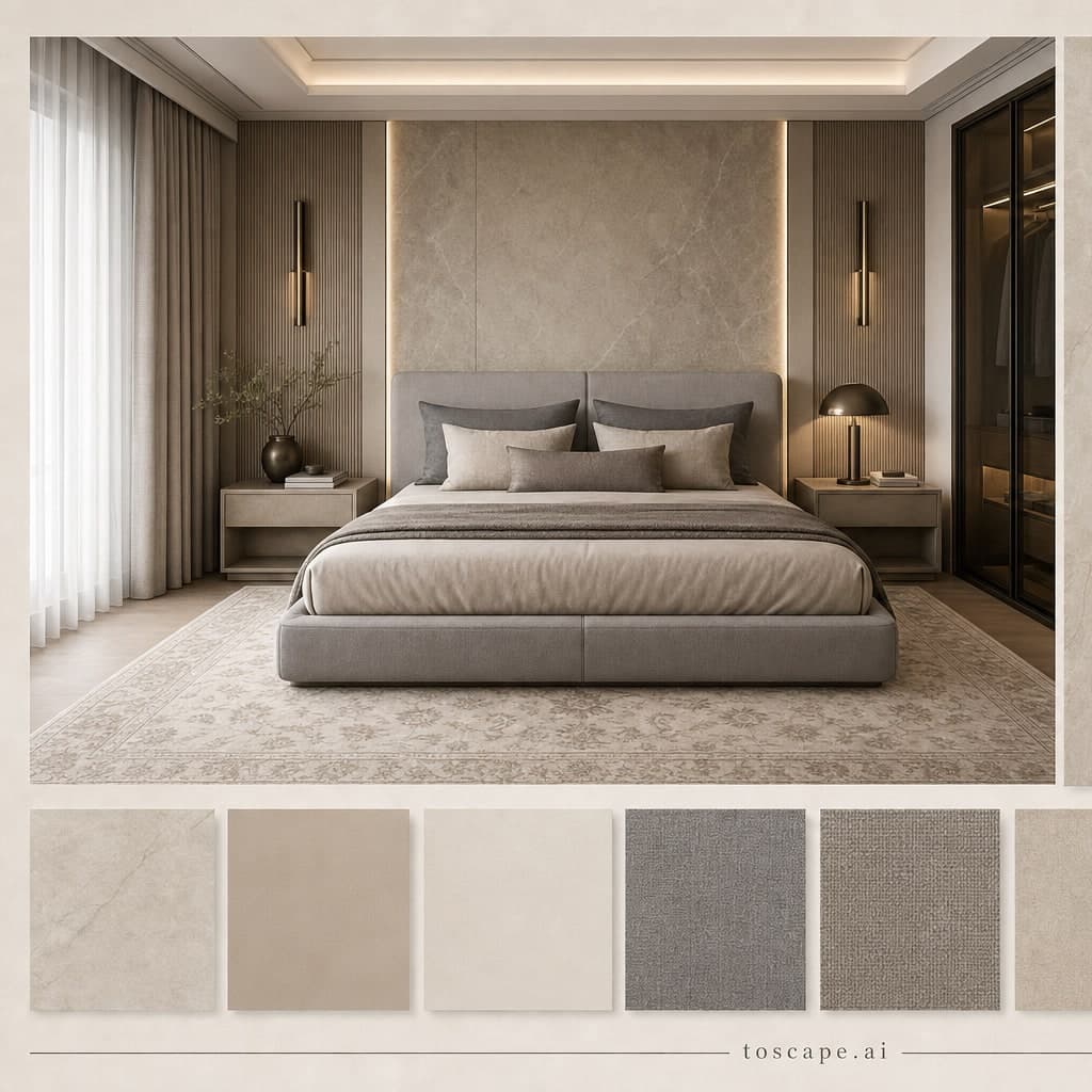 Modern Warm Neutral Bedroom — Honed Stone interior moodboard card