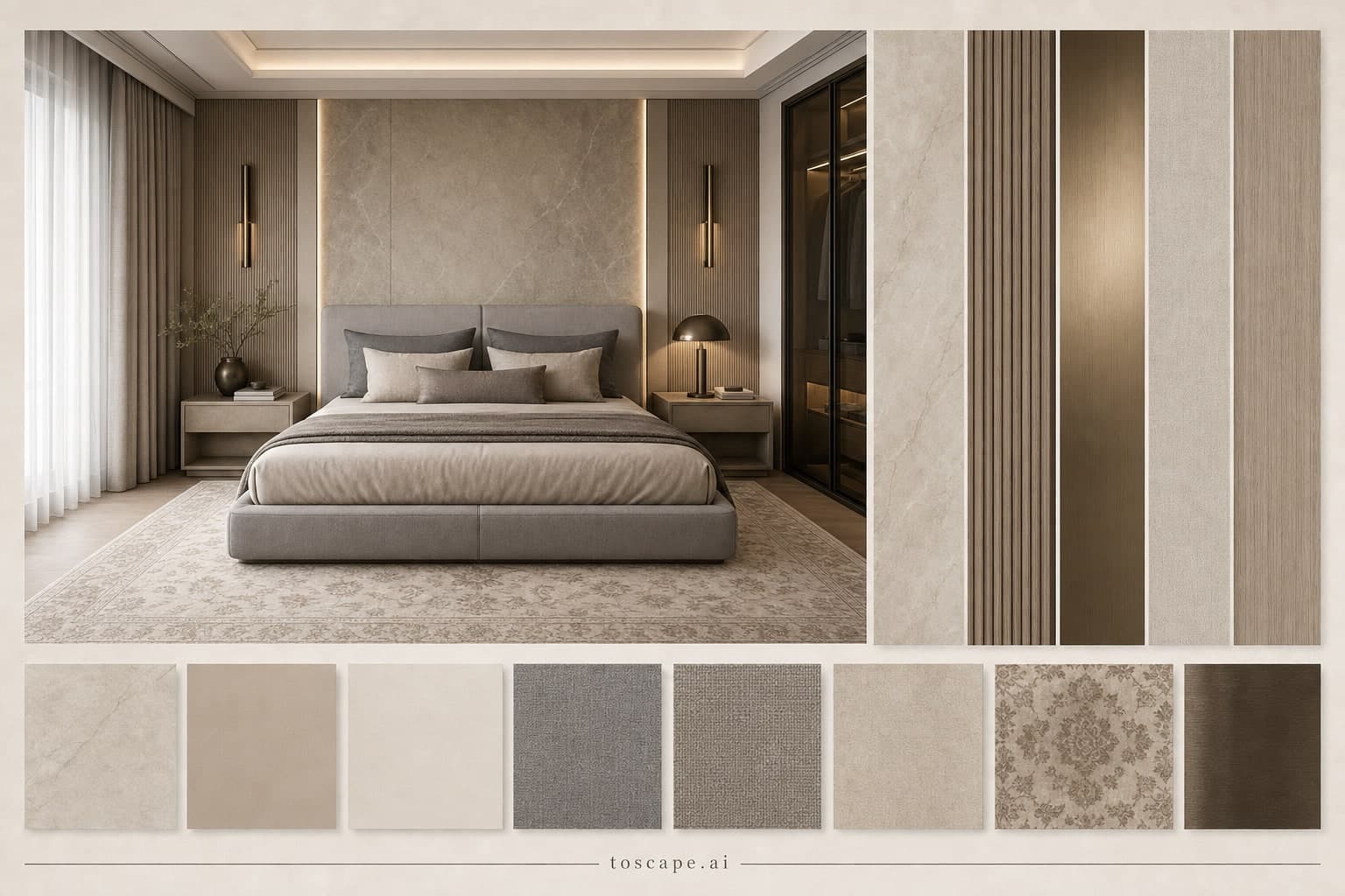 Modern Warm Neutral Bedroom — Honed Stone interior moodboard plate