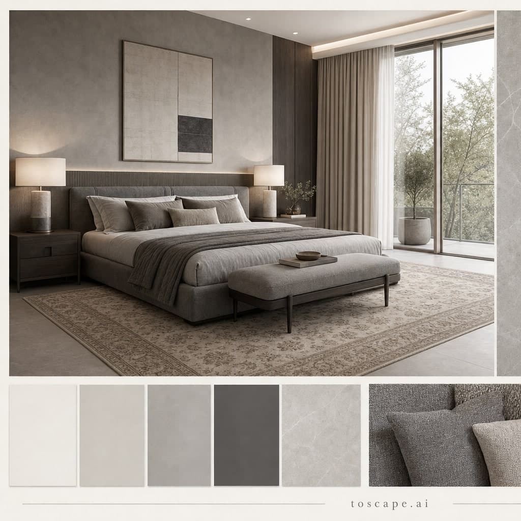 Modern Cool Neutral Bedroom — Honed Stone interior moodboard card
