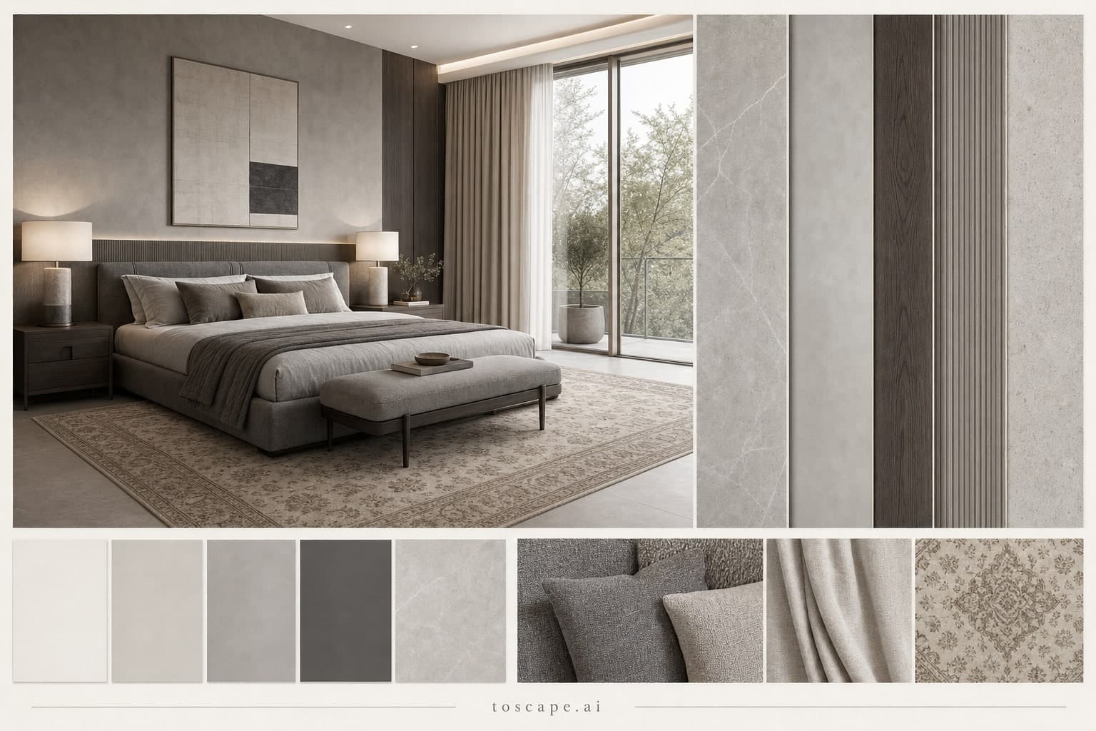 Modern Cool Neutral Bedroom — Honed Stone interior moodboard plate