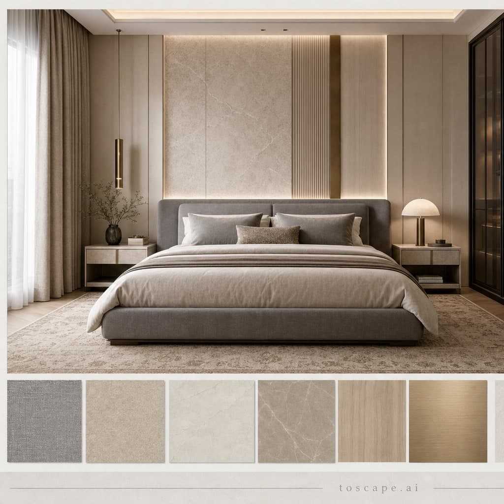Modern Warm Neutral Bedroom — Honed Stone interior moodboard card