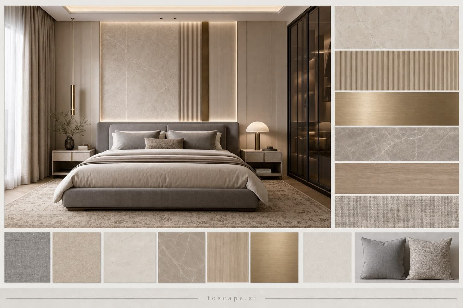 Modern Warm Neutral Bedroom — Honed Stone interior moodboard plate