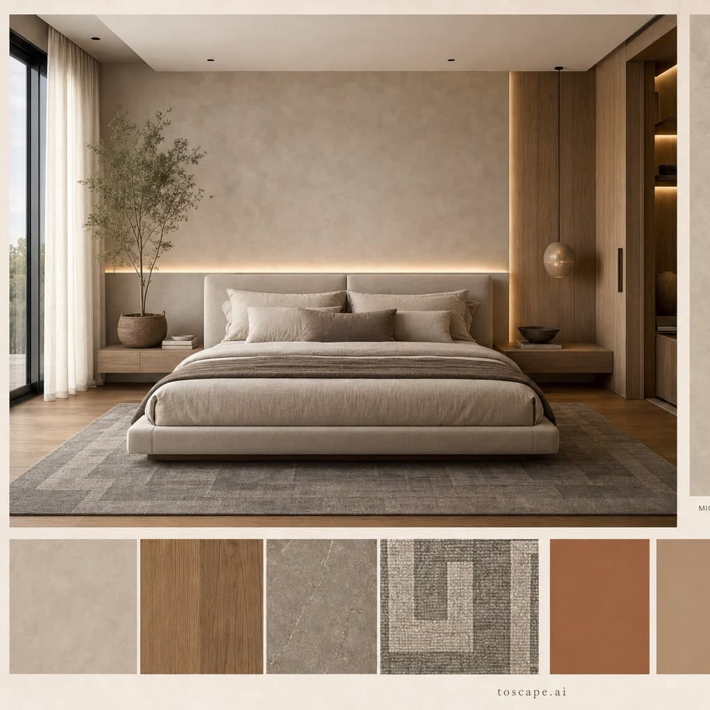 Modern Earth Organic Bedroom — Satin interior moodboard card