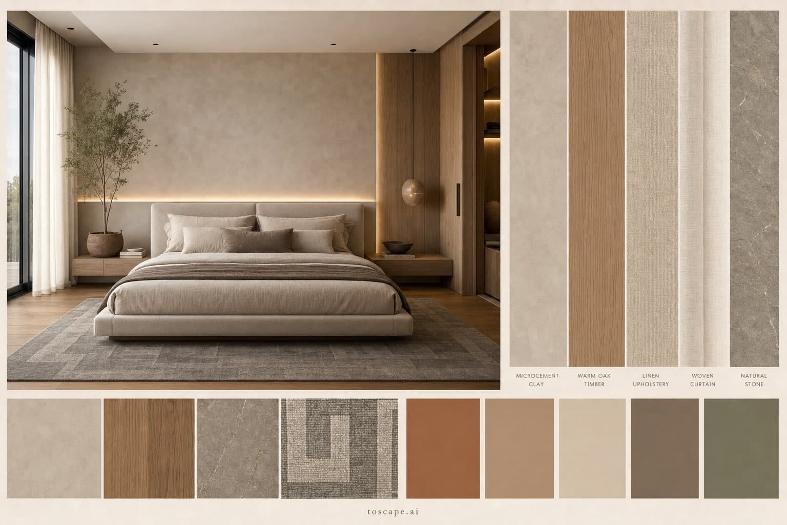 Modern Earth Organic Bedroom — Satin interior moodboard plate