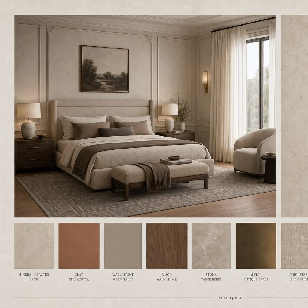 Neoclassic Earth Organic Bedroom — Matte interior moodboard card