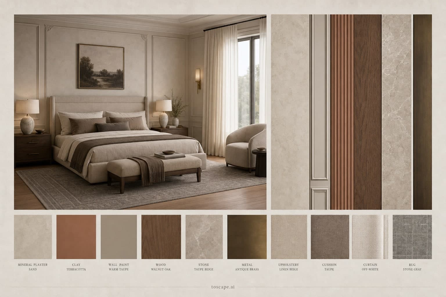 Neoclassic Earth Organic Bedroom — Matte interior moodboard plate
