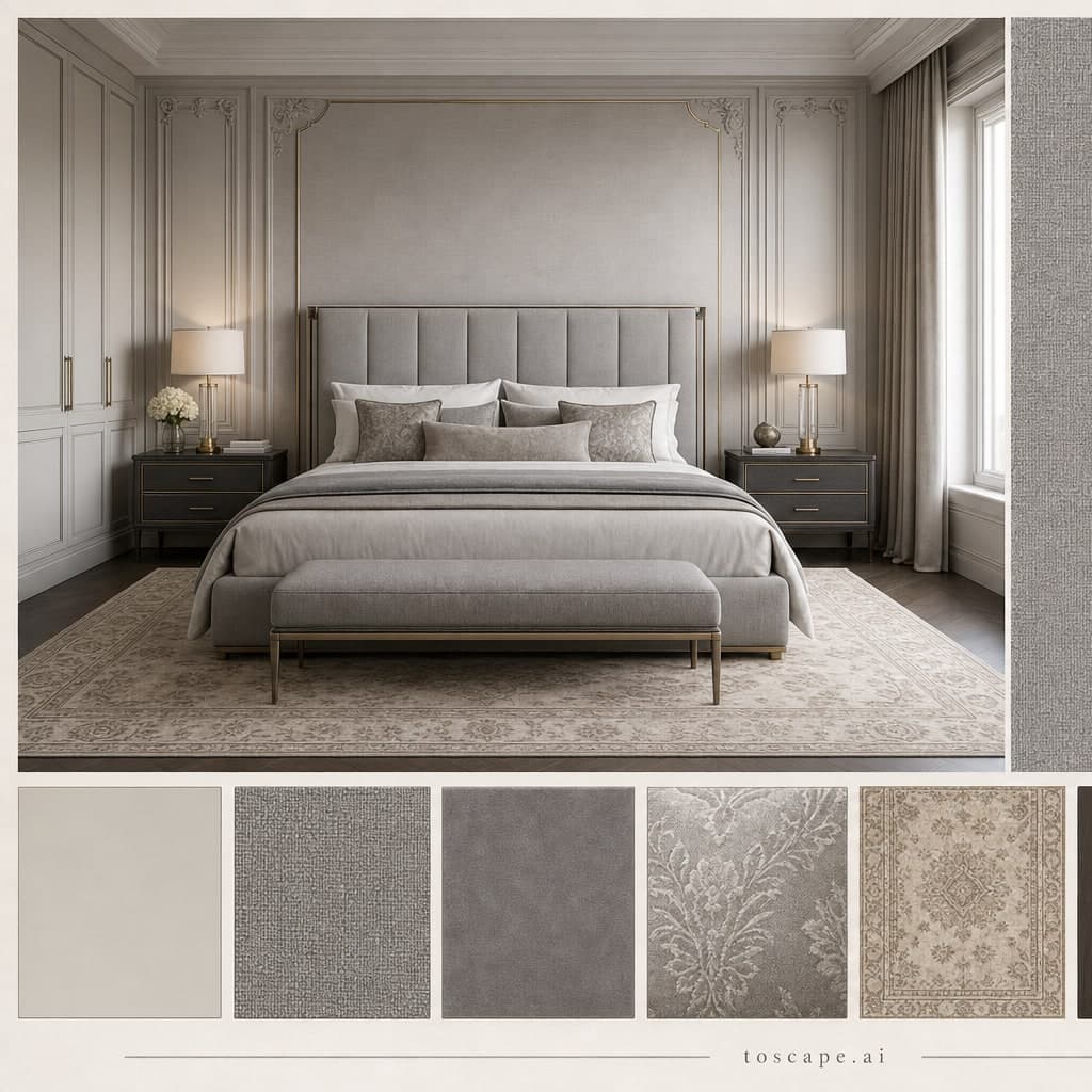 Neoclassic Cool Neutral Bedroom — Satin interior moodboard card
