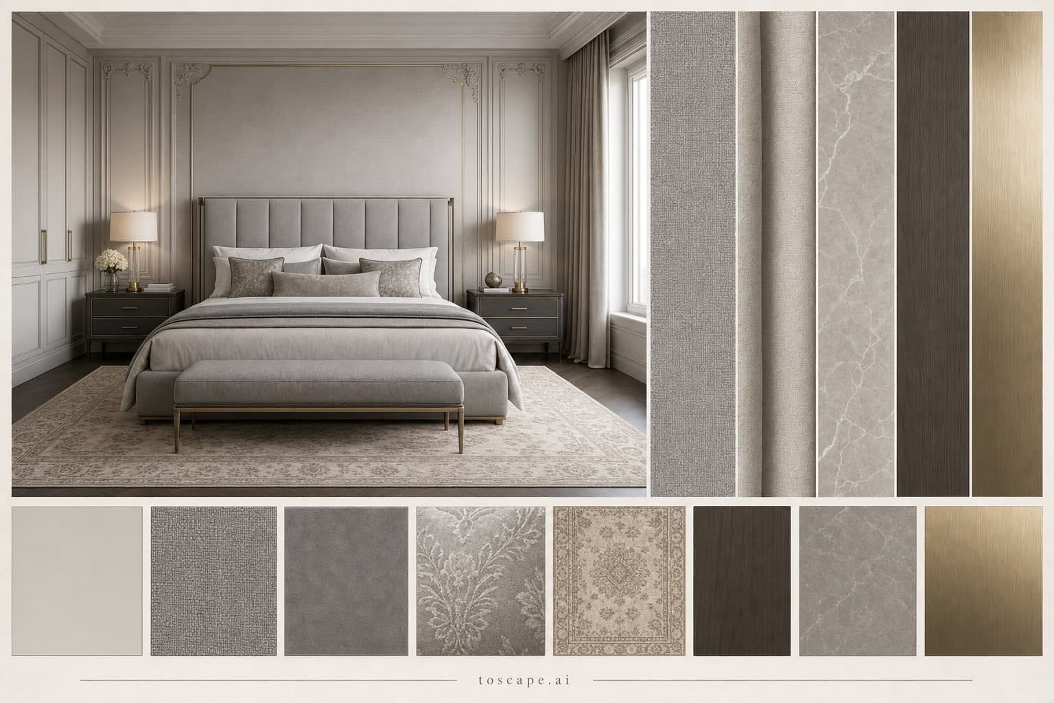 Neoclassic Cool Neutral Bedroom — Satin interior moodboard plate