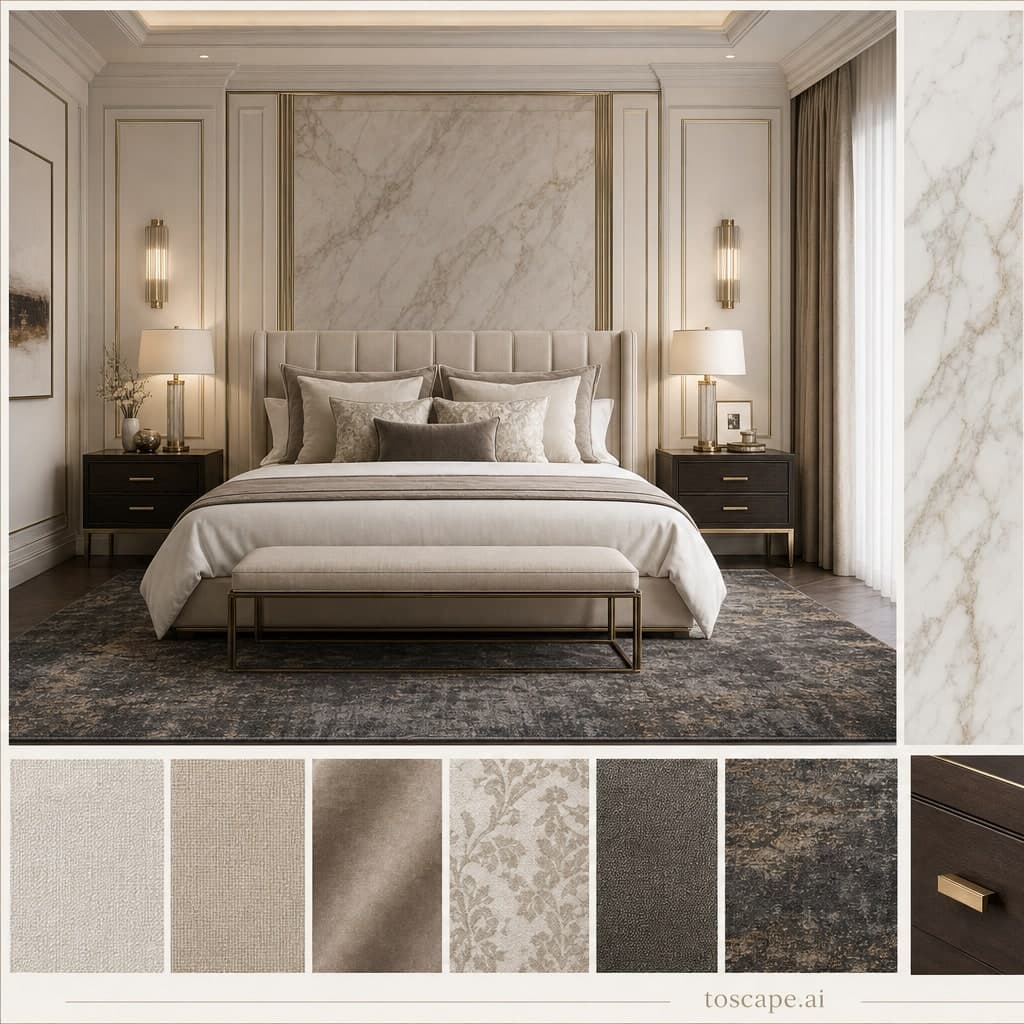Neoclassic Light Luxury Bedroom — Honed Stone interior moodboard card