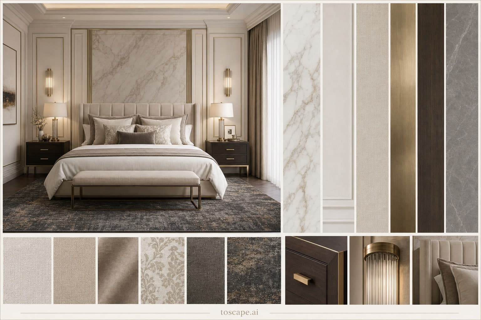 Neoclassic Light Luxury Bedroom — Honed Stone interior moodboard plate