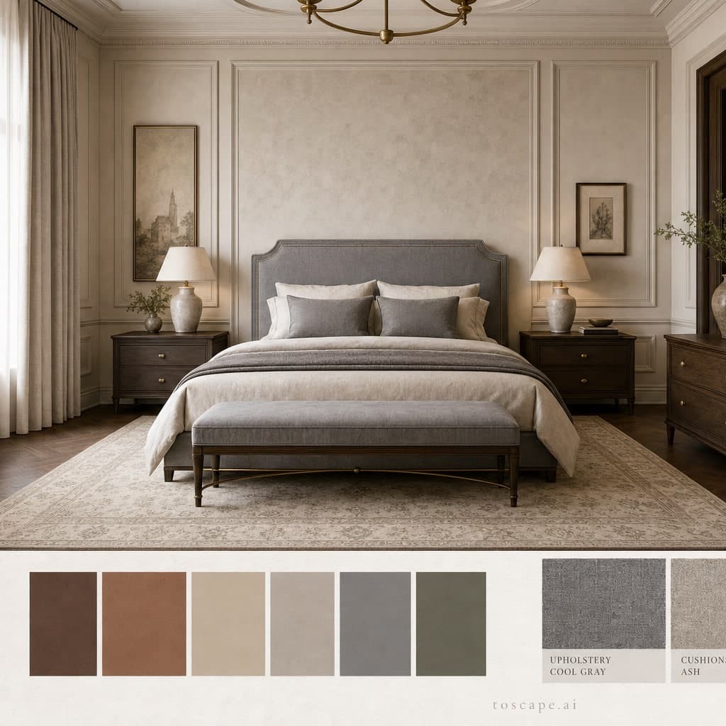 Neoclassic Earth Organic Bedroom — Satin interior moodboard card