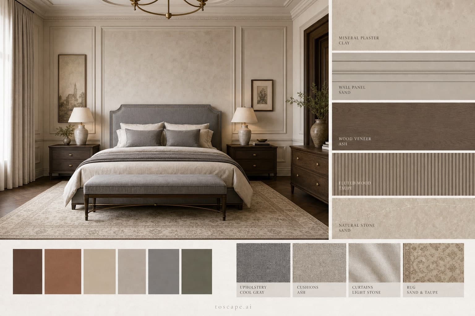 Neoclassic Earth Organic Bedroom — Satin interior moodboard plate