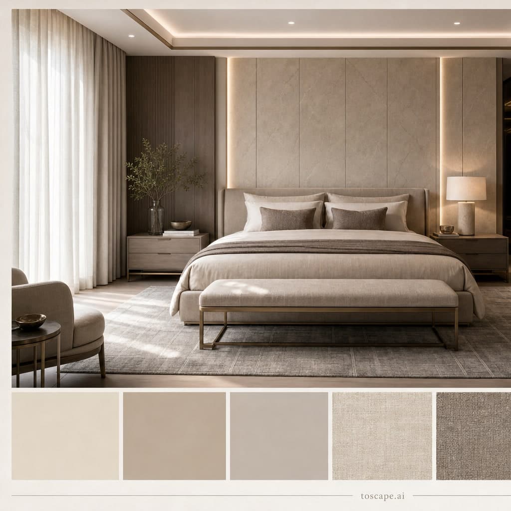 Modern Warm Neutral Bedroom — Satin interior moodboard card
