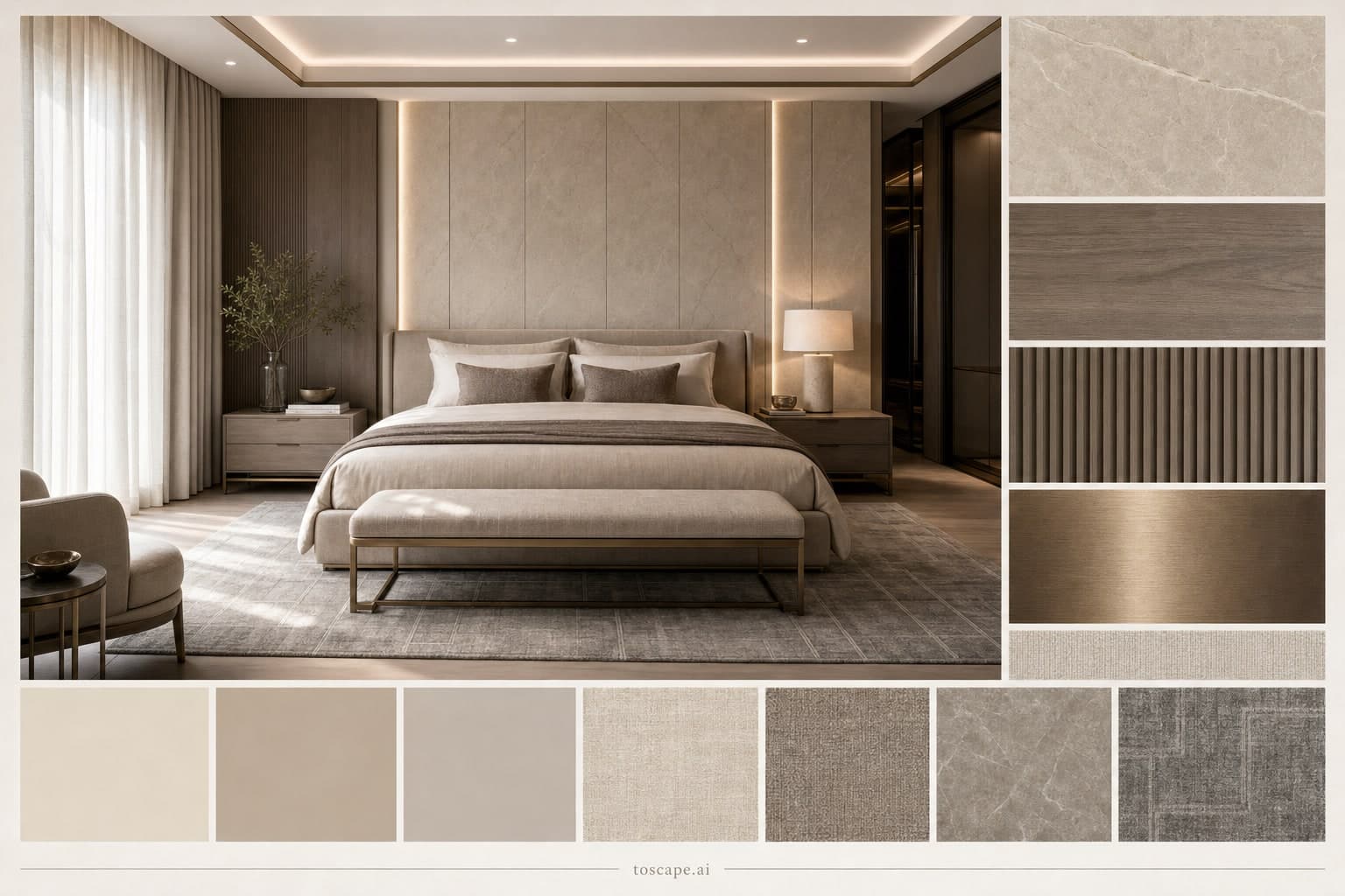 Modern Warm Neutral Bedroom — Satin interior moodboard plate