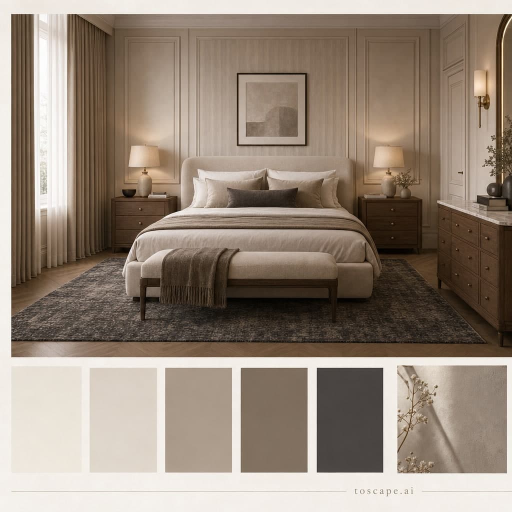 Neoclassic Warm Neutral Bedroom — Honed Stone interior moodboard card