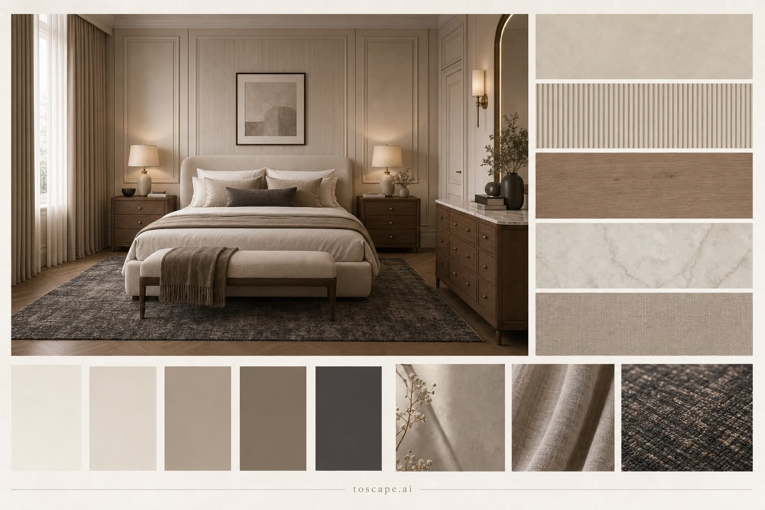 Neoclassic Warm Neutral Bedroom — Honed Stone interior moodboard plate