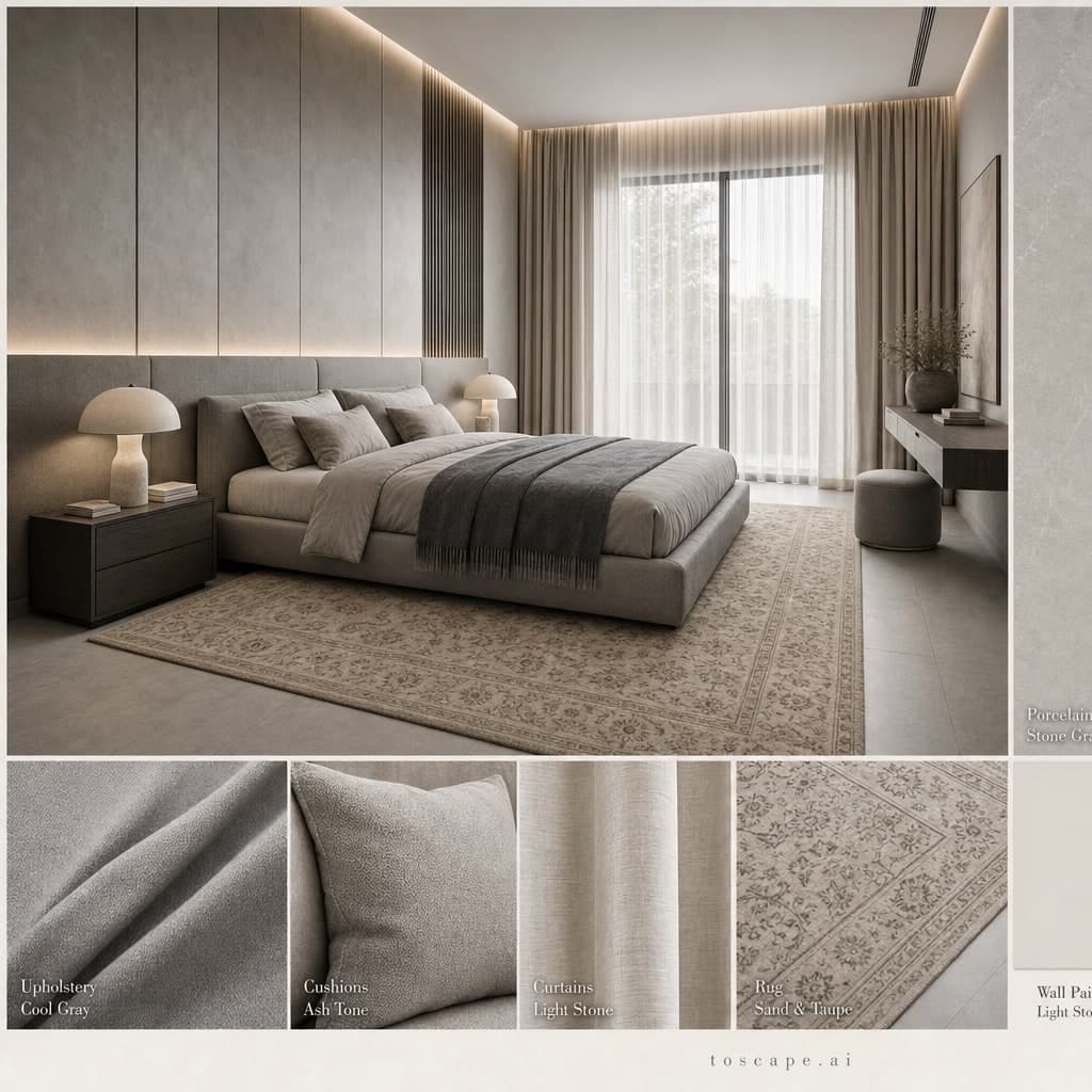 Modern Cool Neutral Bedroom — Honed Stone interior moodboard card