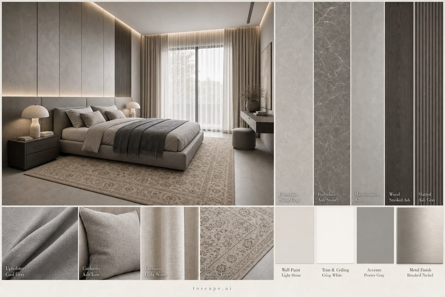 Modern Cool Neutral Bedroom — Honed Stone interior moodboard plate