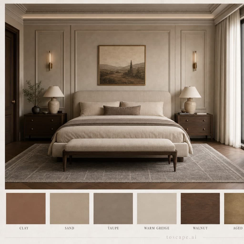 Neoclassic Earth Organic Bedroom — Matte interior moodboard card