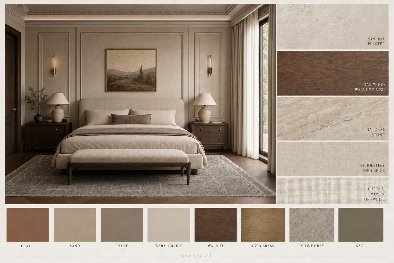 Neoclassic Earth Organic Bedroom — Matte interior moodboard plate