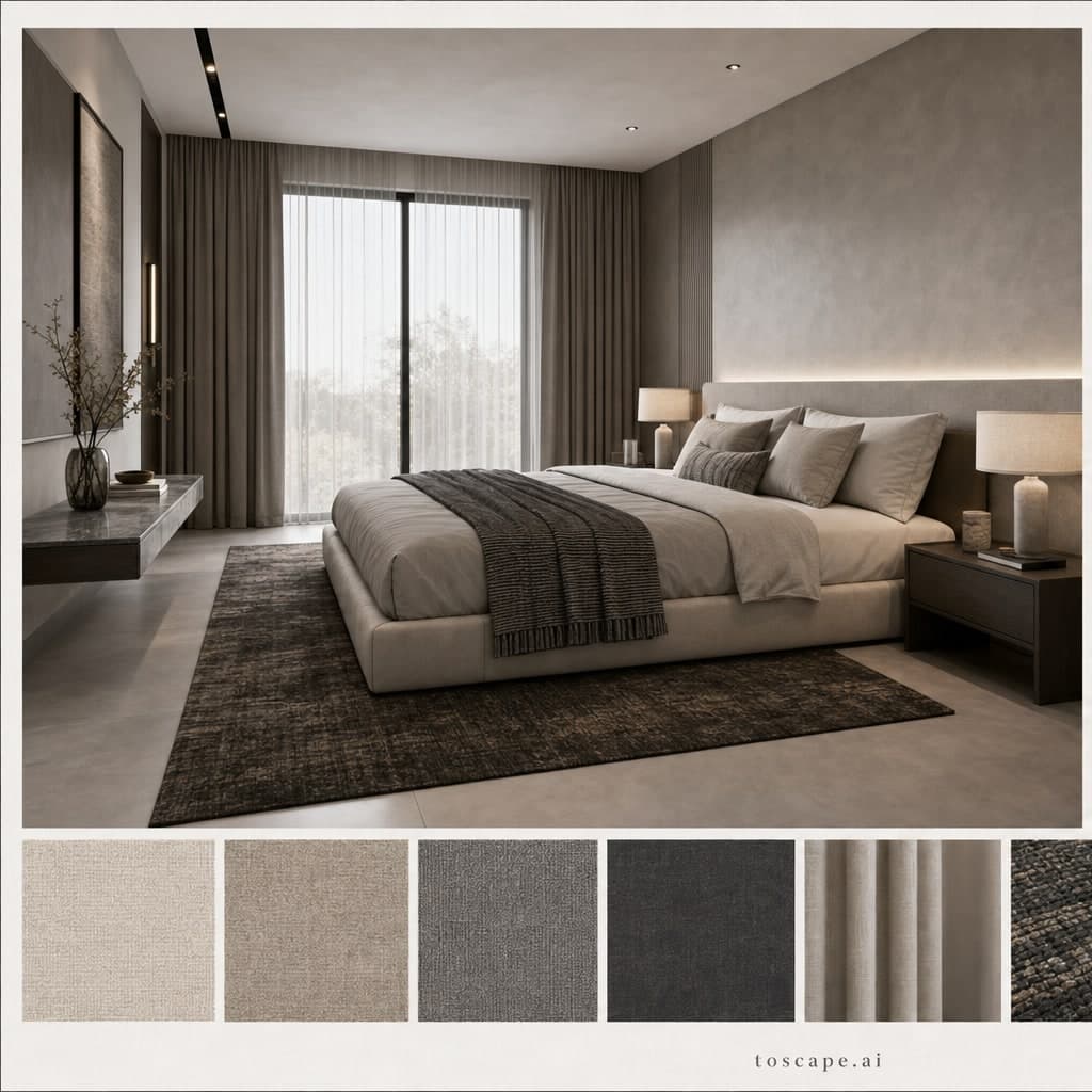Modern Cool Neutral Bedroom — Brushed Metal interior moodboard card