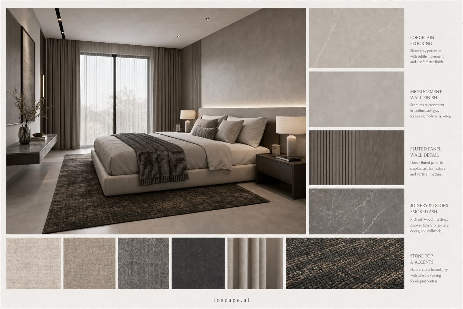 Modern Cool Neutral Bedroom — Brushed Metal interior moodboard plate