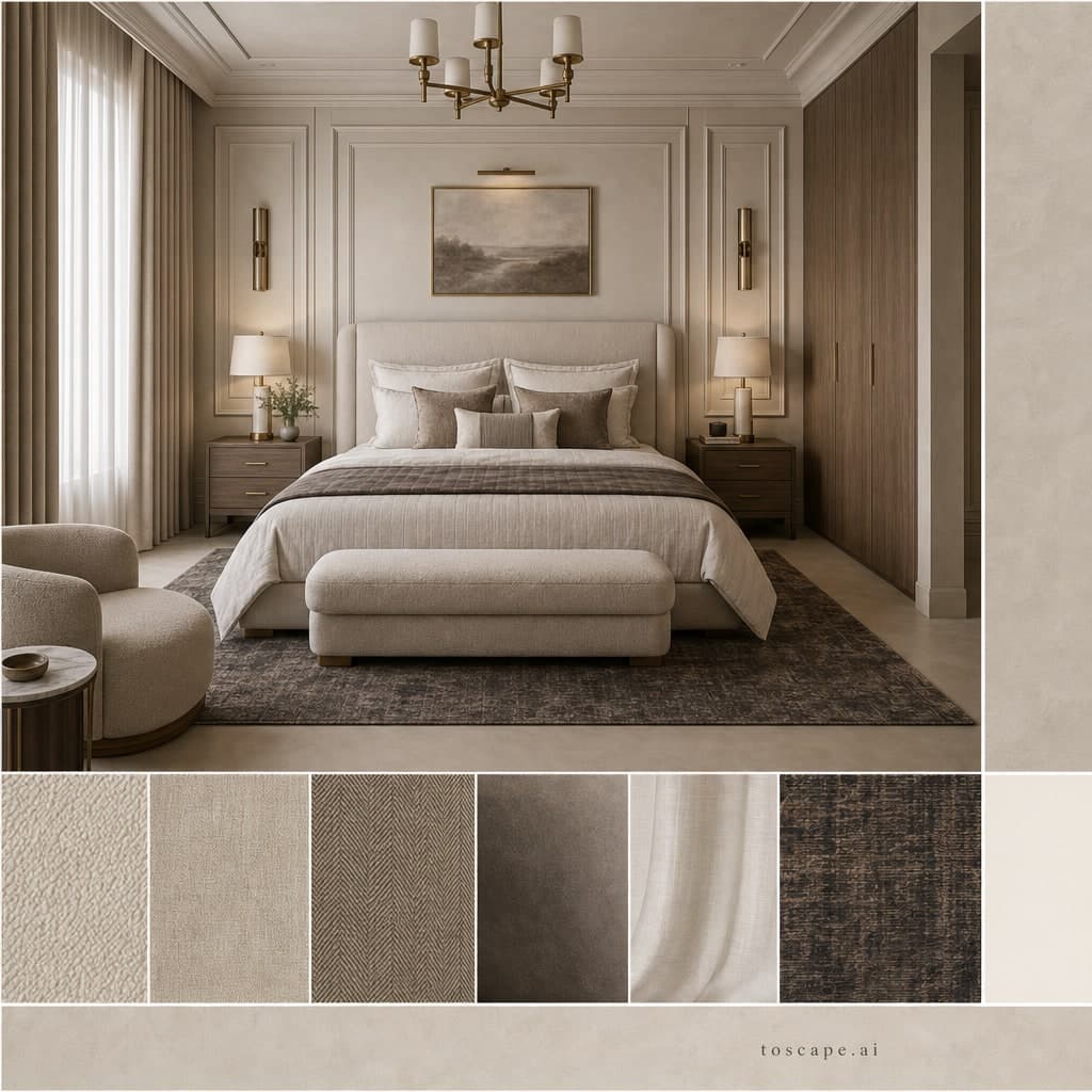 Neoclassic Warm Neutral Bedroom — Honed Stone interior moodboard card