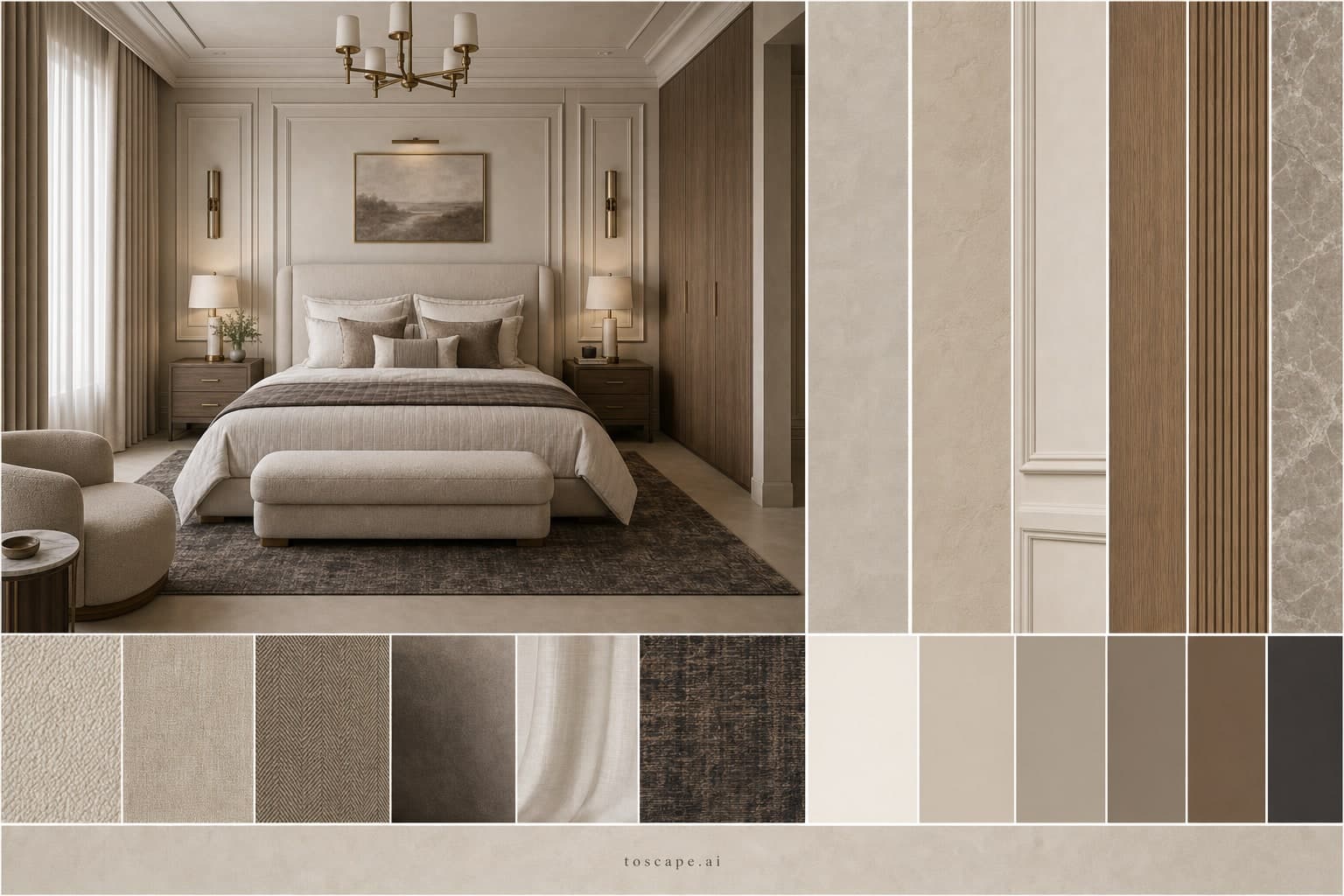 Neoclassic Warm Neutral Bedroom — Honed Stone interior moodboard plate