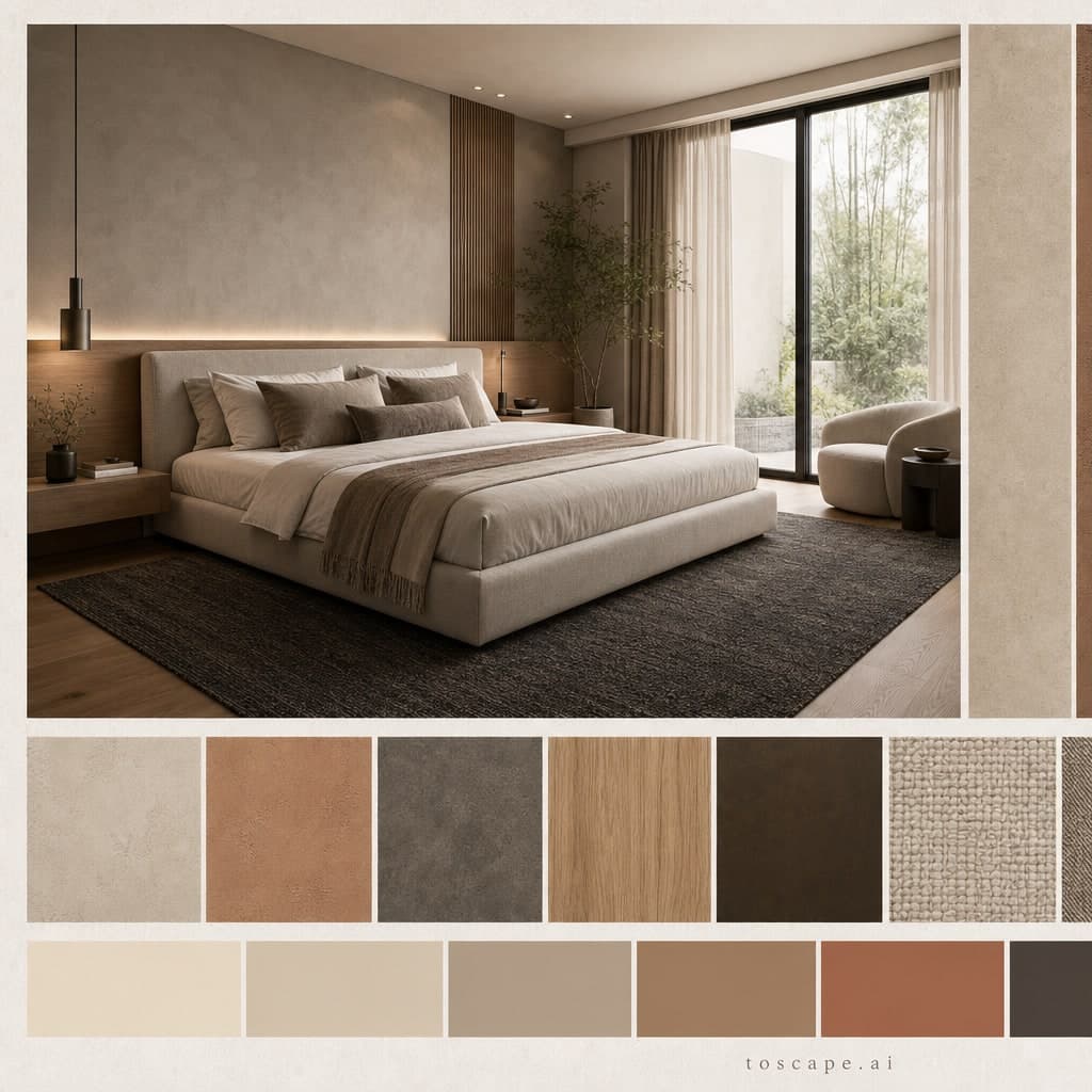 Modern Earth Organic Bedroom — Brushed Metal interior moodboard card