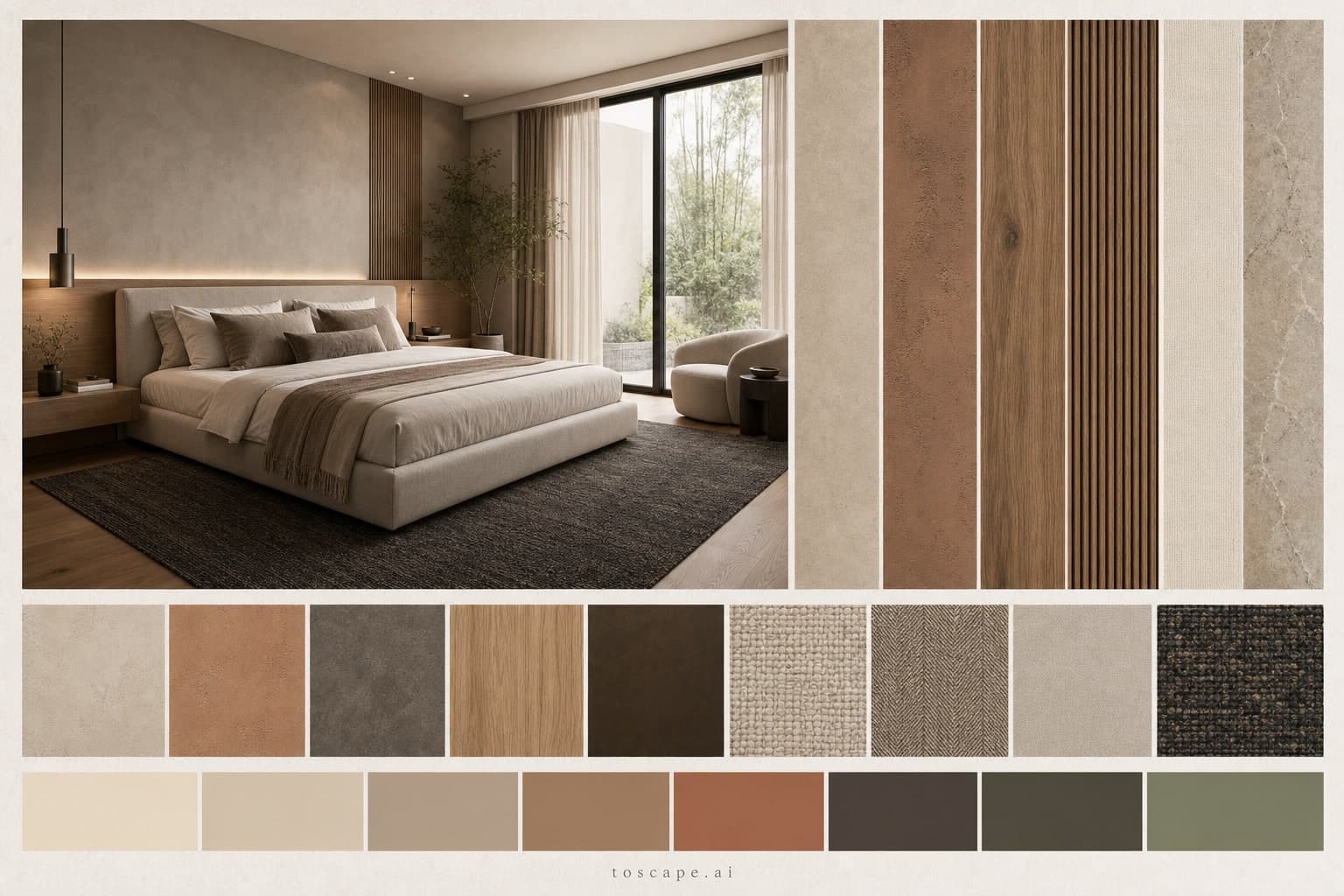 Modern Earth Organic Bedroom — Brushed Metal interior moodboard plate