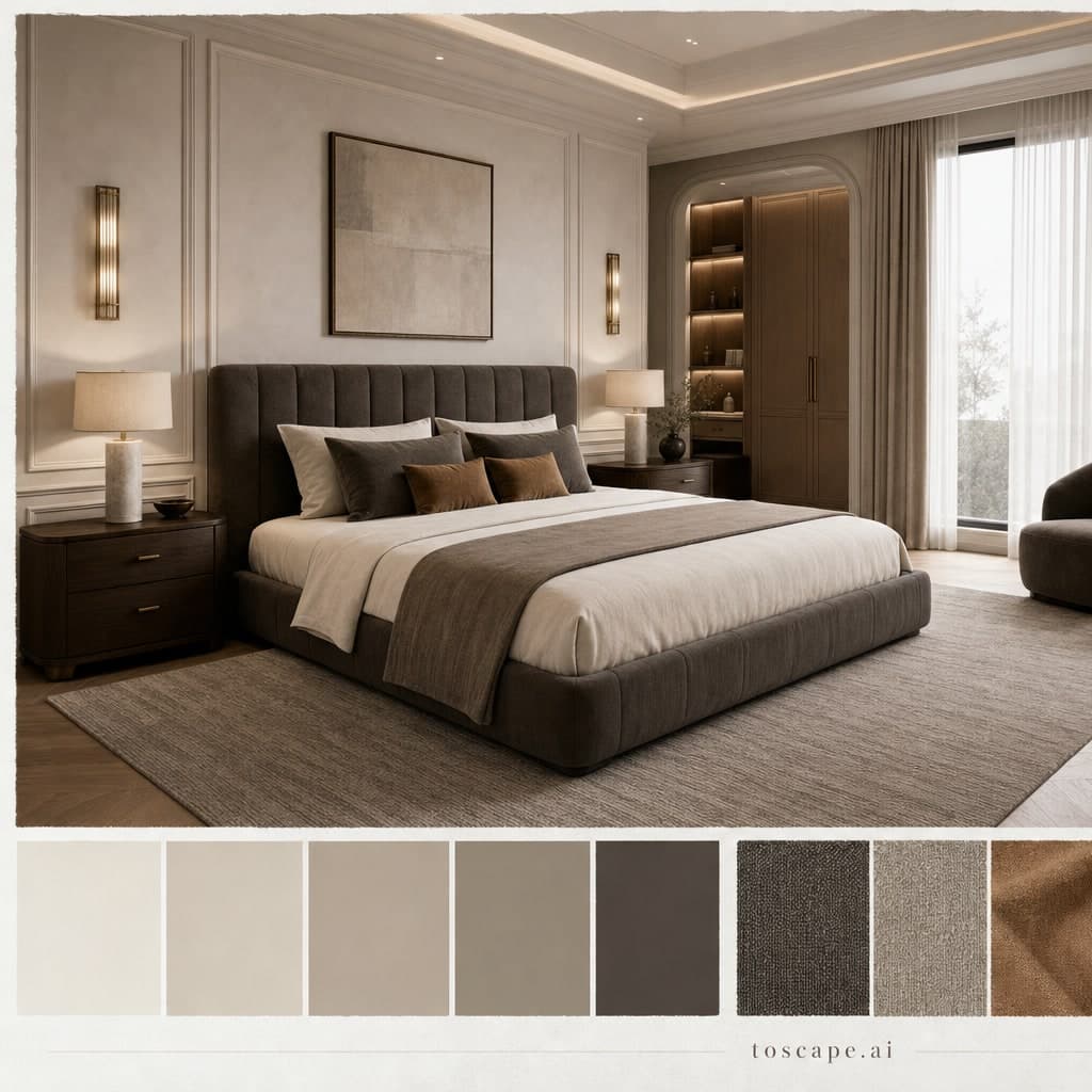 Neoclassic Warm Neutral Bedroom — Brushed Metal interior moodboard card