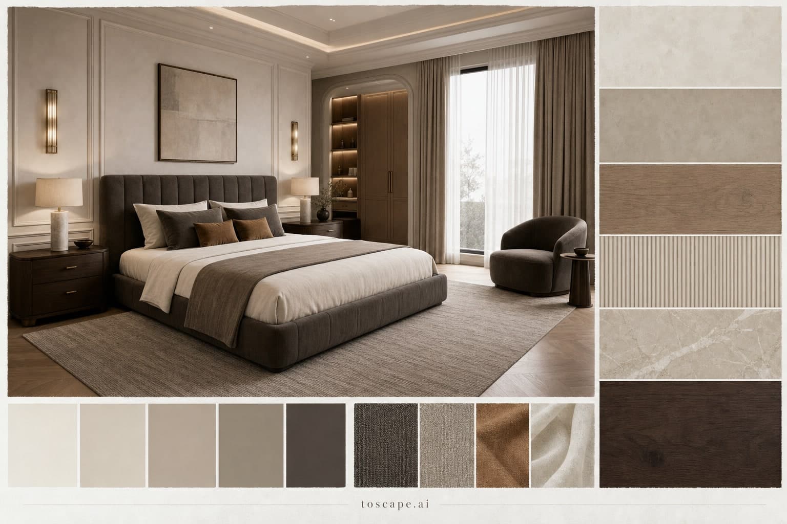 Neoclassic Warm Neutral Bedroom — Brushed Metal interior moodboard plate