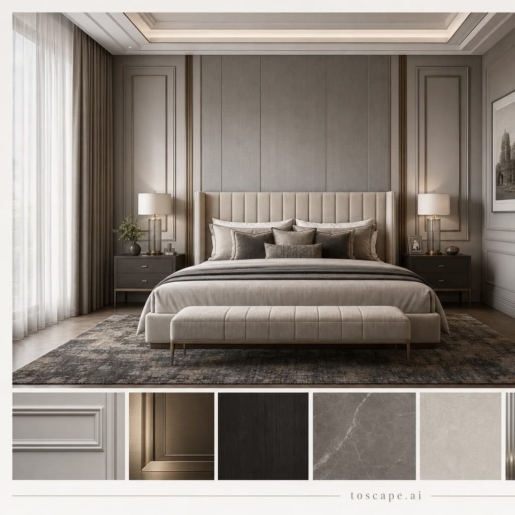 Neoclassic Cool Neutral Bedroom — Honed Stone interior moodboard card