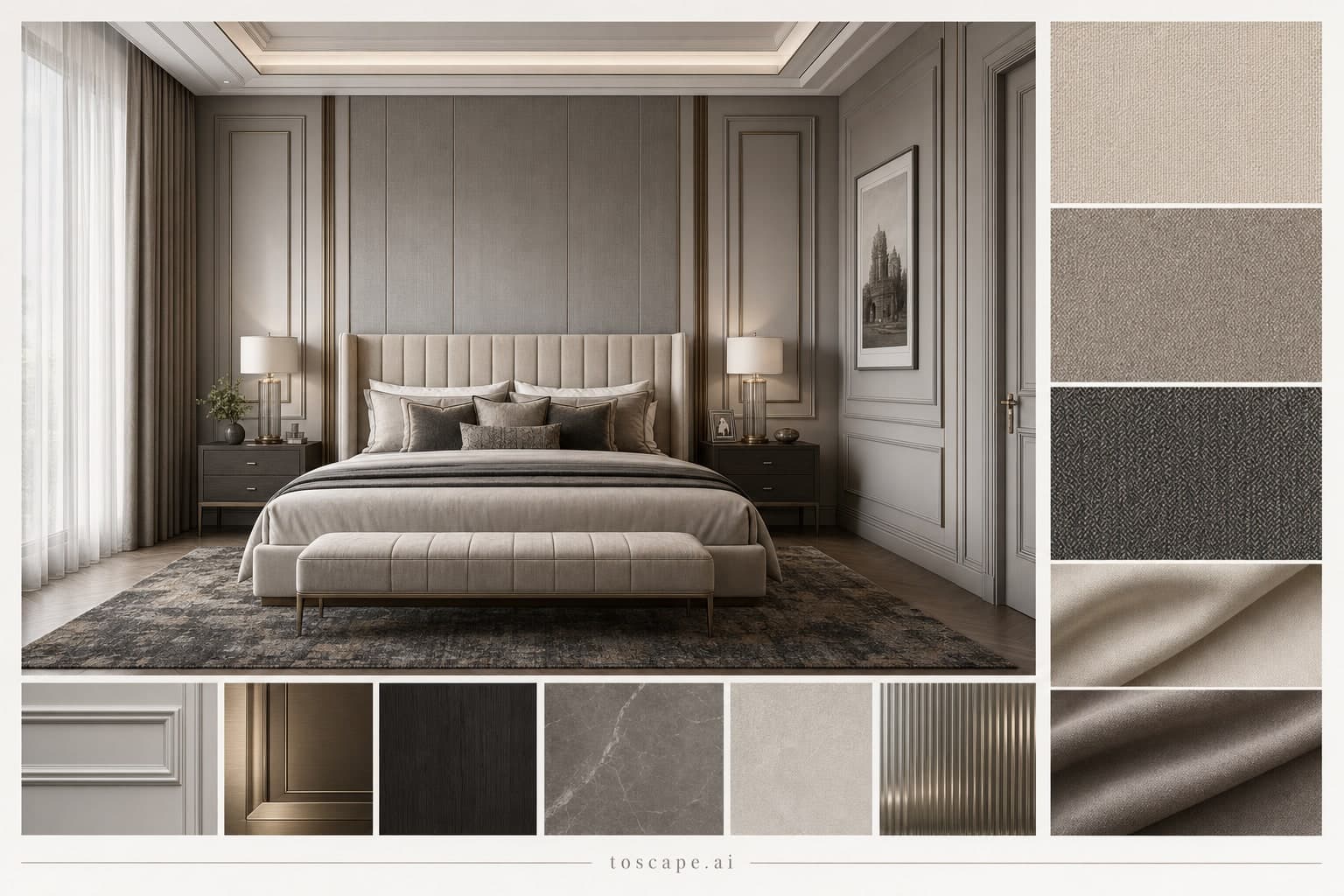 Neoclassic Cool Neutral Bedroom — Honed Stone interior moodboard plate
