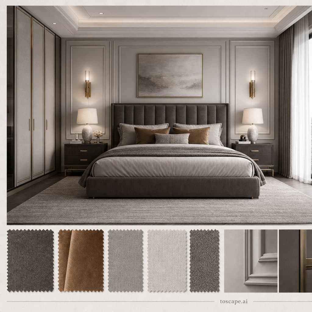 Neoclassic Cool Neutral Bedroom — Brushed Metal interior moodboard card