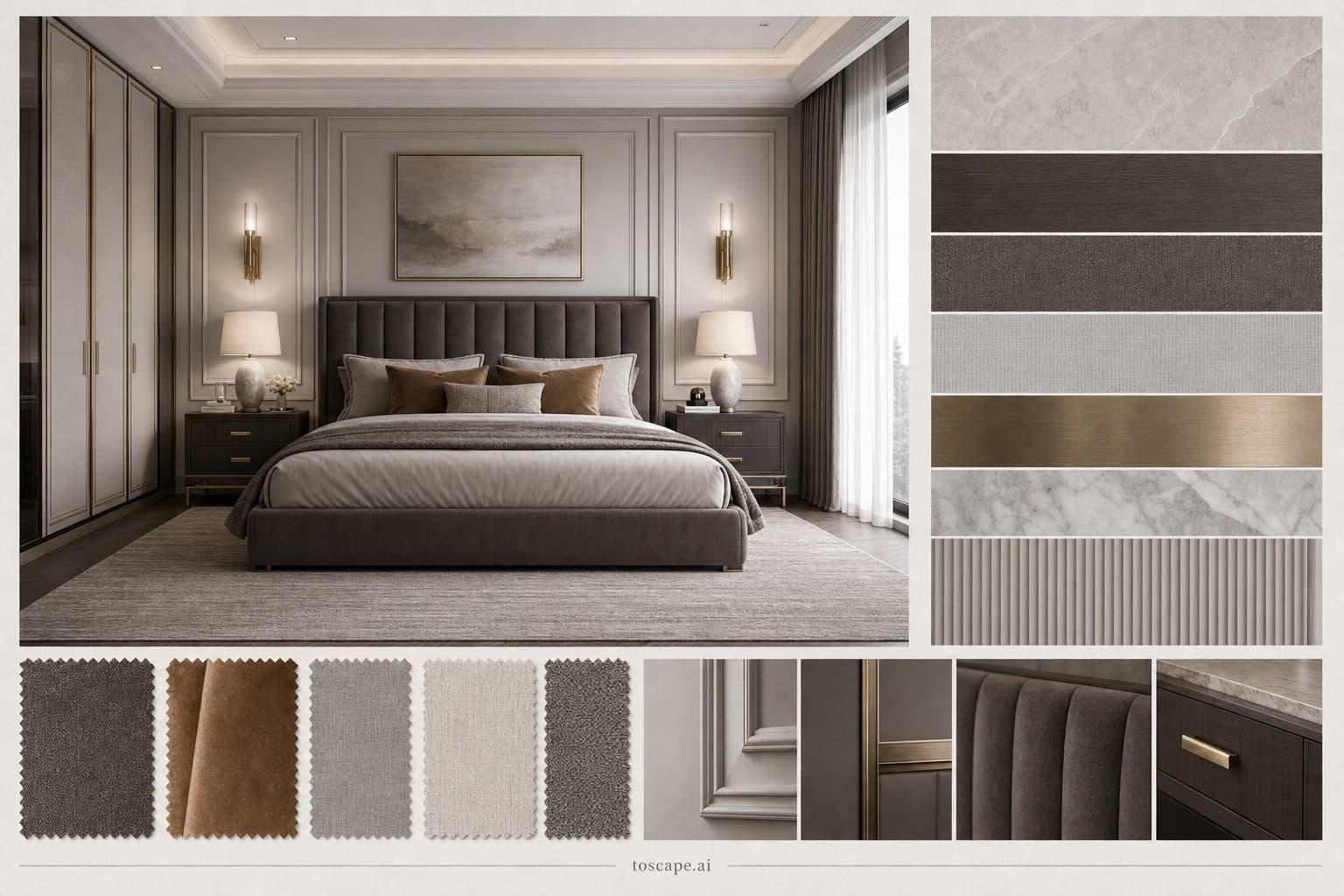 Neoclassic Cool Neutral Bedroom — Brushed Metal interior moodboard plate