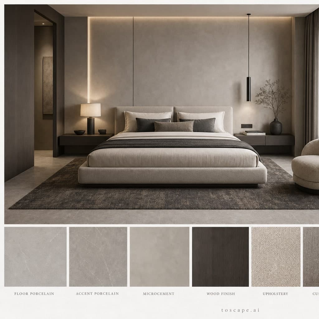 Modern Cool Neutral Bedroom — Brushed Metal interior moodboard card